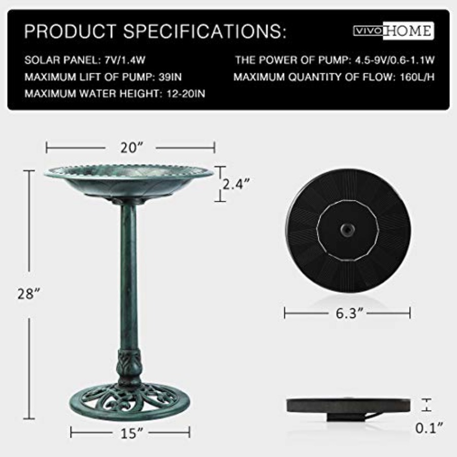 Bird Bath with Solar Fountain  - Outdoor Power Pedestal บทวิจารณ์และราคา